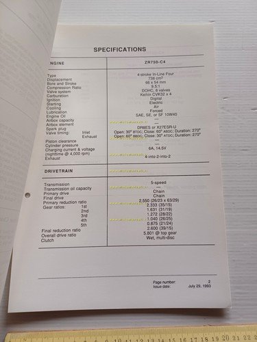 Kawasaki Zephyr 750 (ZR750-C4) 1994 Model Information cartella stampa inglese