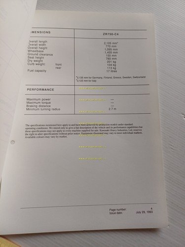 Kawasaki Zephyr 750 (ZR750-C4) 1994 Model Information cartella stampa inglese