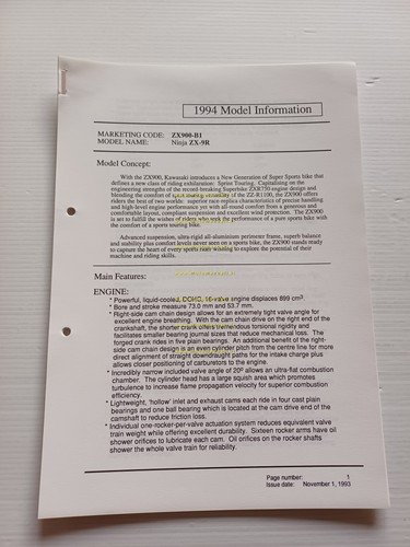 Kawasaki ZX-9 R Ninja (ZX900-B1) 1994 Model Information cartella stampa …