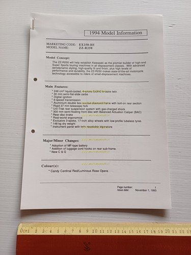 Kawasaki ZZ-R 250 (EX250-H5) 1994 Model Information cartella stampa originale