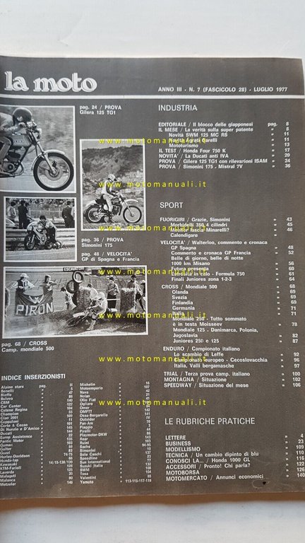 LA MOTO n. 7 1977 Prova Gilera 125 TG1 Simonini …