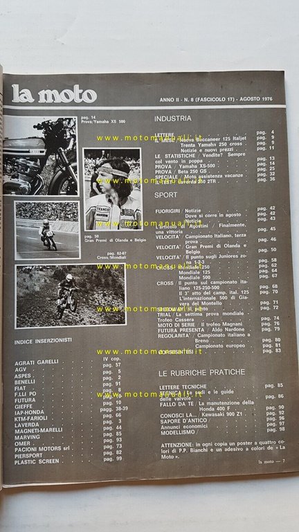 LA MOTO n. 8 1976 Prove Yamaha XS 500 Beta …