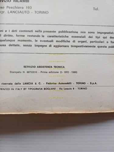 Lancia 2000 iniezione 1971 manuale officina caratter. tecniche dati riparazioni