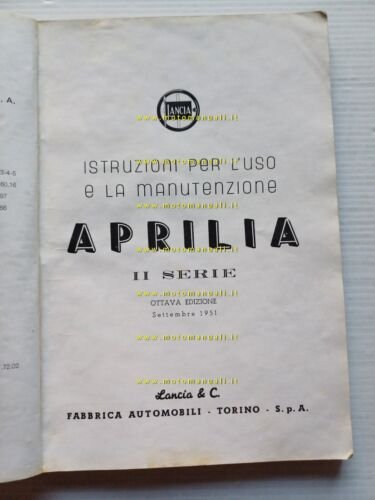 Lancia Aprilia II Serie 1951 manuale uso manutenzione originale italiano