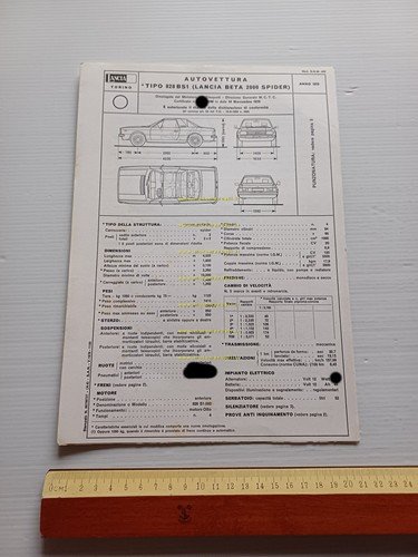 Lancia Beta 2.0 Spider 1975 scheda omologazione DGM Motorizzazione Facsimile
