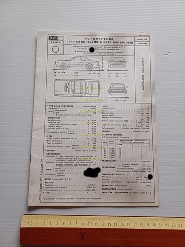 Lancia Beta 2.0 Spider 1976 scheda omologazione DGM Motorizzazione Facsimile