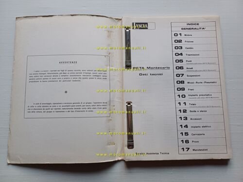 Lancia Beta Motecarlo 1975 manuale officina caratter. tecniche dati riparazioni