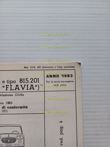 Lancia Flavia 1.5 1963 scheda omologazione DGM Motorizzazione Facsimile