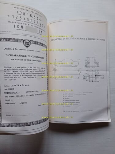 Lancia Flavia 1.8 Convertibile 1963-68 scheda omologazione DGM Motor. Facsimile