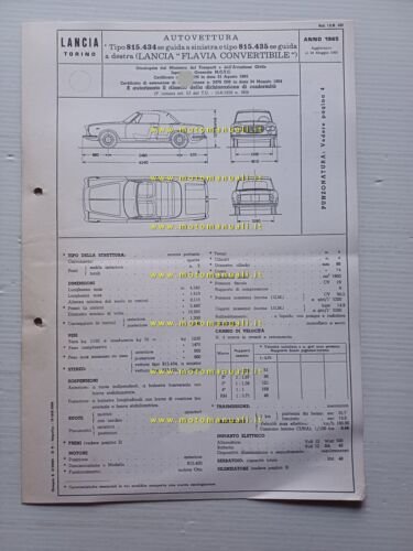 Lancia Flavia 1.8 Convertibile 1965-68 scheda omologazione DGM Motor. Facsimile