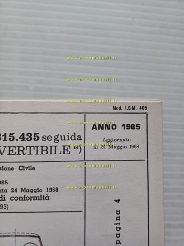 Lancia Flavia 1.8 Convertibile 1965-68 scheda omologazione DGM Motor. Facsimile