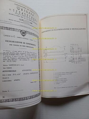Lancia Flavia 1.8 Convertibile 1965-68 scheda omologazione DGM Motor. Facsimile