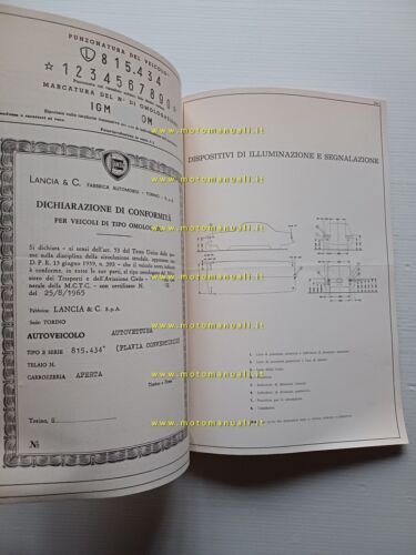 Lancia Flavia 1.8 Convertibile 1965 scheda omologazione DGM Motor. Facsimile