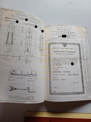 Lancia Flavia 1.8 Iniezione 1967-8 scheda omologazione DGM Motorizzaz. Facsimile