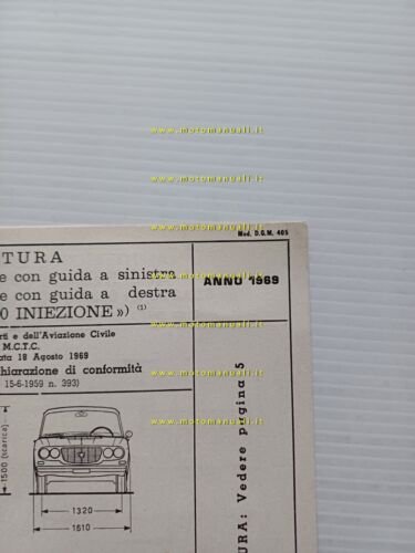 Lancia Flavia 2.0 Iniezione 1969 scheda omologazione DGM Motorizzaz. Facsimile