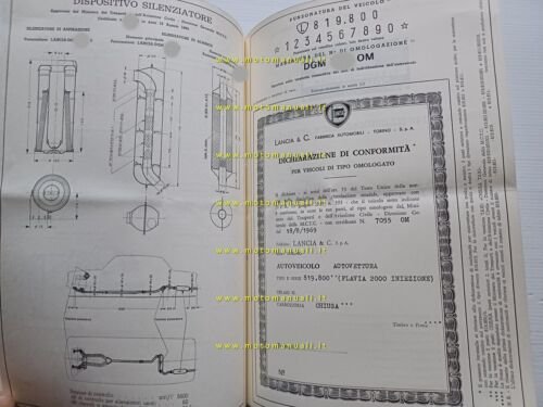 Lancia Flavia 2.0 Iniezione 1969 scheda omologazione DGM Motorizzaz. Facsimile