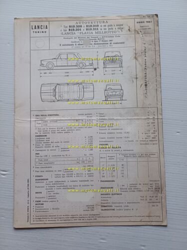 Lancia Flavia Milleotto 1967-68 scheda omologazione DGM Motorizzazione Facsimile