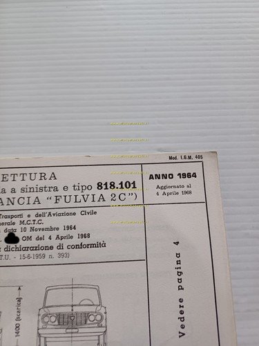 Lancia Fulvia 2C 1964 agg. 1968 scheda omologazione DGM Motorizzazione …