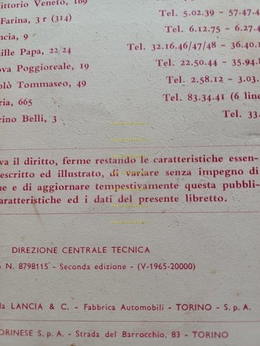 Lancia Fulvia 2C Berlina 1965 manuale uso libretto manutenzione originale
