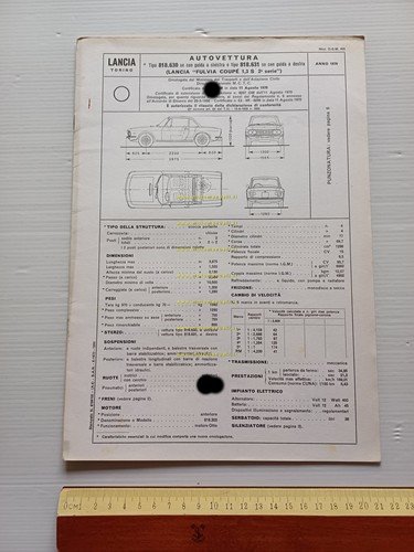 Lancia Fulvia Coupè 1.3 S 2a S. 1970 Facsimile scheda …