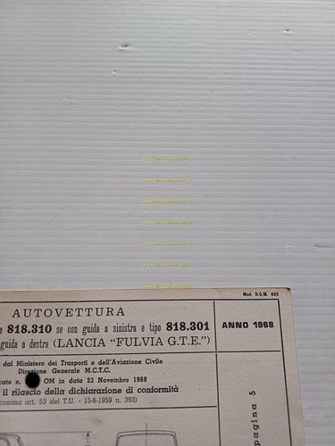 Lancia Fulvia G.T.E. 1968 scheda omologazione DGM Motorizzazione Facsimile