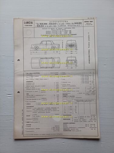 Lancia Fulvia GT 1.2 1967-68 scheda omologazione DGM Motorizzazione Facsimile