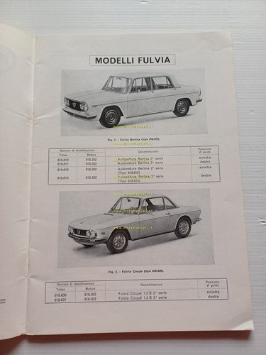 Lancia modelli Fulvia 1972 manuale officina caratt. tecniche dati riparazioni