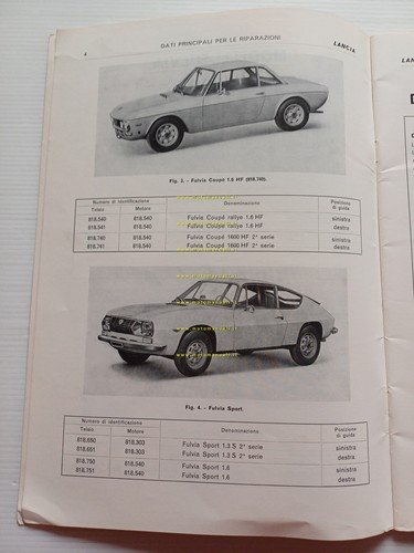 Lancia modelli Fulvia 1972 manuale officina caratt. tecniche dati riparazioni