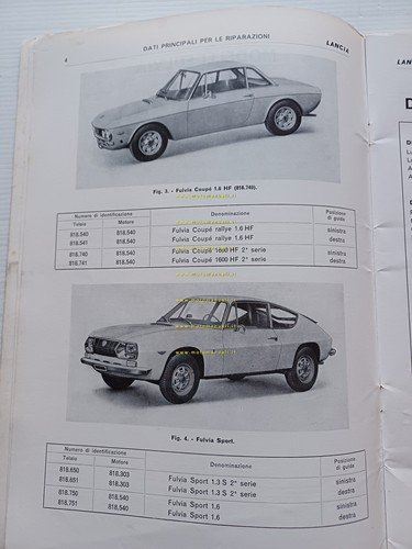 Lancia modelli Fulvia 1972 manuale officina caratt. tecniche dati riparazioni