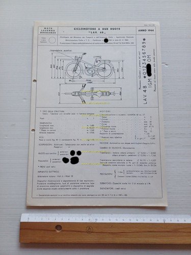 Laverda 48 1964 Facsimile originale scheda omologazione DGM Motorizzazione