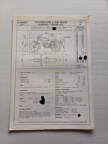 Legnano 50 Cross 6V 1972 Facsimile originale scheda omologazione DGM …