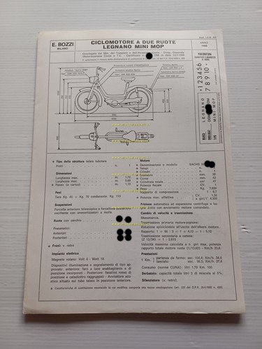 Legnano 50 Mini Mop 1968 Facsimile originale scheda omologazione DGM …