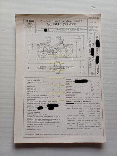 LEM 50 Chembol 1976 Tubone Facsimile originale scheda omologazione DGM …
