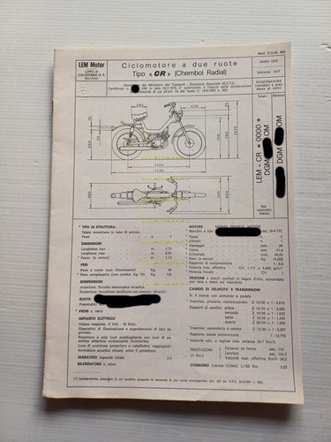 LEM 50 Chembol Radial 1977 Facsimile originale scheda omologazione DGM …
