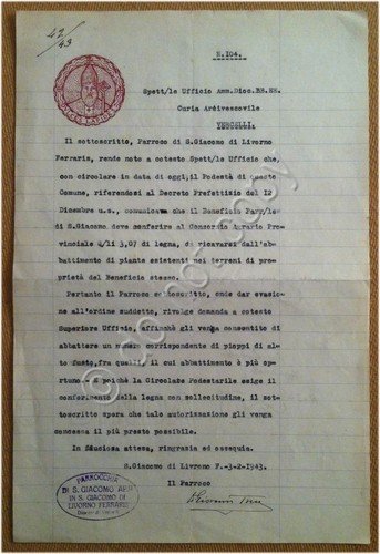 Lettera parroco di San Giacomo di Livorno Ferraris alla Curia … | Immagine principale