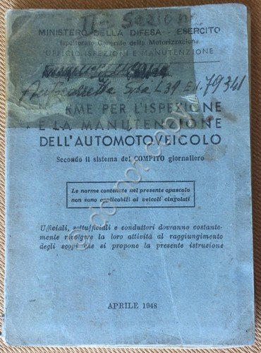 Libretto - Esercito - Norme Ispezione Manutenzione Automotoveicolo - 1948 | Immagine principale