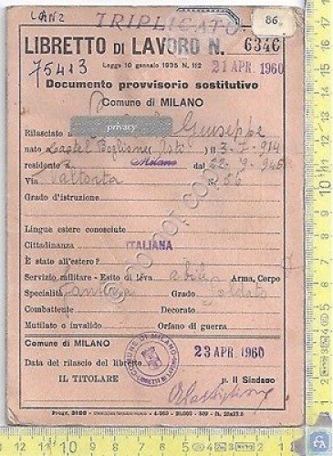 Libretto di lavoro - Comune di Milano - 1960