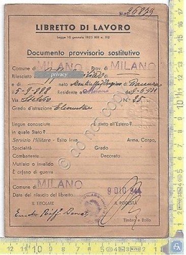 Libretto di lavoro provvisorio - Comune di Milano - 1944