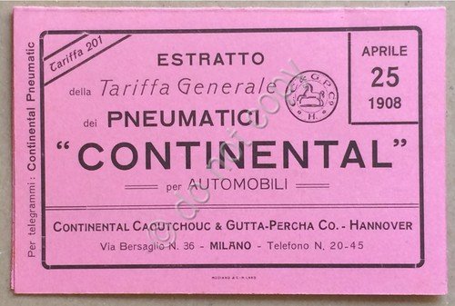 Listino prezzi Pneumatici Continental per Automobili - 1908