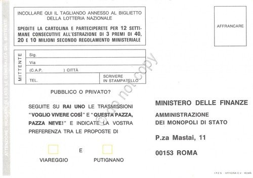 Lotteria Nazionale del Carnevale di Viareggio Putignano 1992 Cartolina