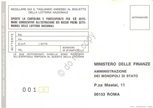 Lotteria Nazionale dello Spettacolo Cartolina Caserta 1991