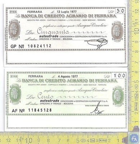Lotto di 2 MiniAssegni - Banca di Credito Agrario di … | Immagine principale