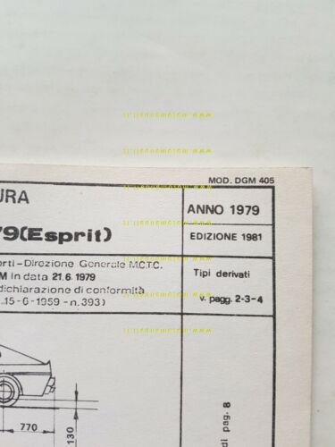 Lotus Esprit 2.0 1979 ed. 1981 scheda omologazione DGM originale …