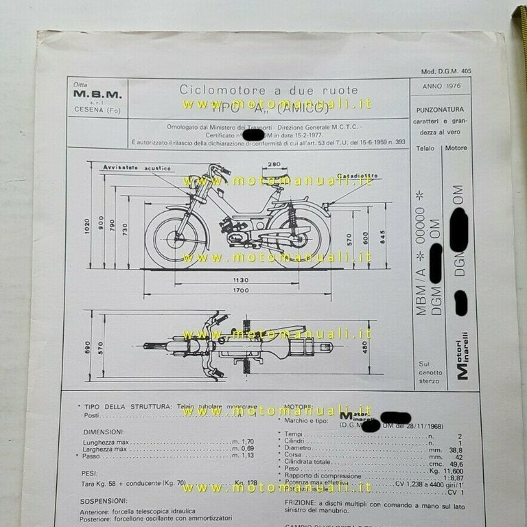 M.B.M. 50 Amico tubone 4v 1976 scheda omologazione DGM originale …