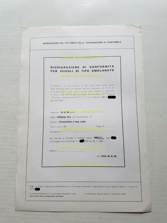 M.B.M. 50 Amico tubone 4v 1976 scheda omologazione DGM originale …