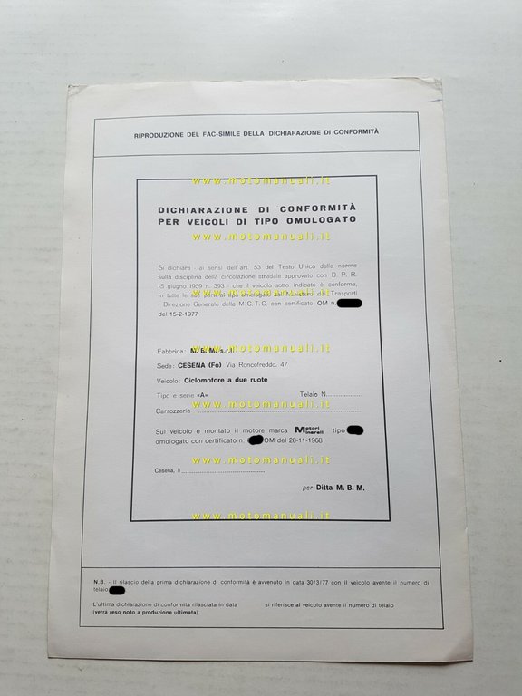M.B.M. 50 Amico tubone 4v 1976 scheda omologazione DGM originale …