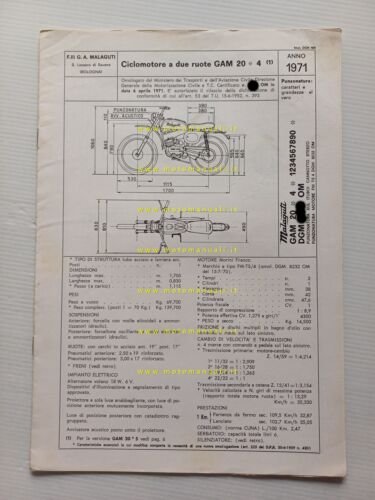 Malaguti 50 Cavalcone Cross GAM 20 1971 scheda omologazione DGM …