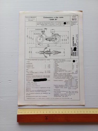 Malaguti 50 Dribbling GAM 29 1972 scheda omologazione DGM Facsimile …