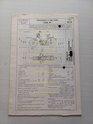 Malaguti 50 Fifty GAM 39 1974 scheda omologazione DGM Facsimile …