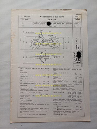 Malaguti 50 Fifty HF Special GAM 45 1976 scheda omologazione …